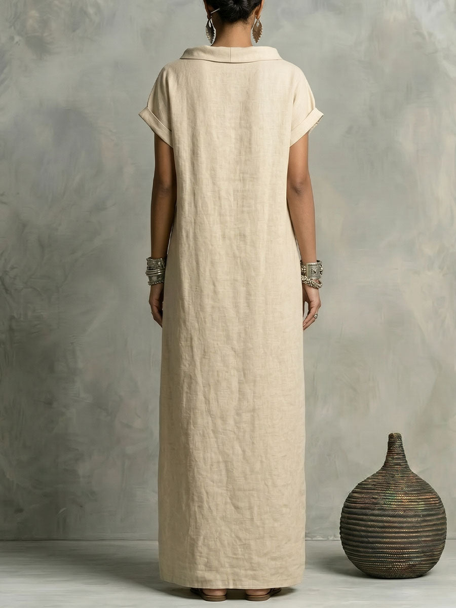 Women's Cotton-linen Short-sleeve Boat Neck And Fold-over Collar Dress