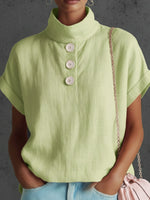 Elegant Cozy Stand-collar Button-down Linen Blouse