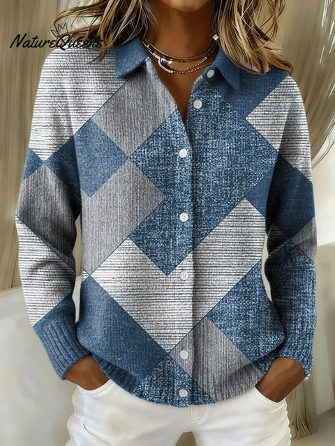 Women's Blue Art Geometry Printed Collared Sweater
