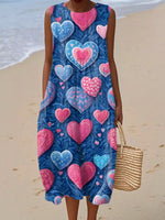 Women's Valentine's Day Heart Print Sleeveless Cotton Pocket Wrap Dress