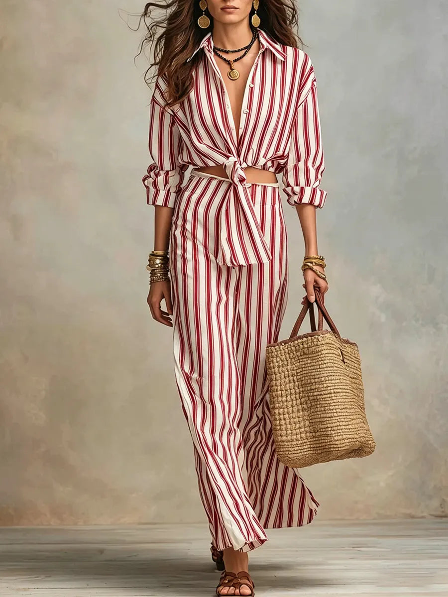 Women's Elegant Vertical Stripe Shirt Two-piece Set