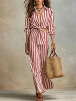 Women's Elegant Vertical Stripe Shirt Two-piece Set