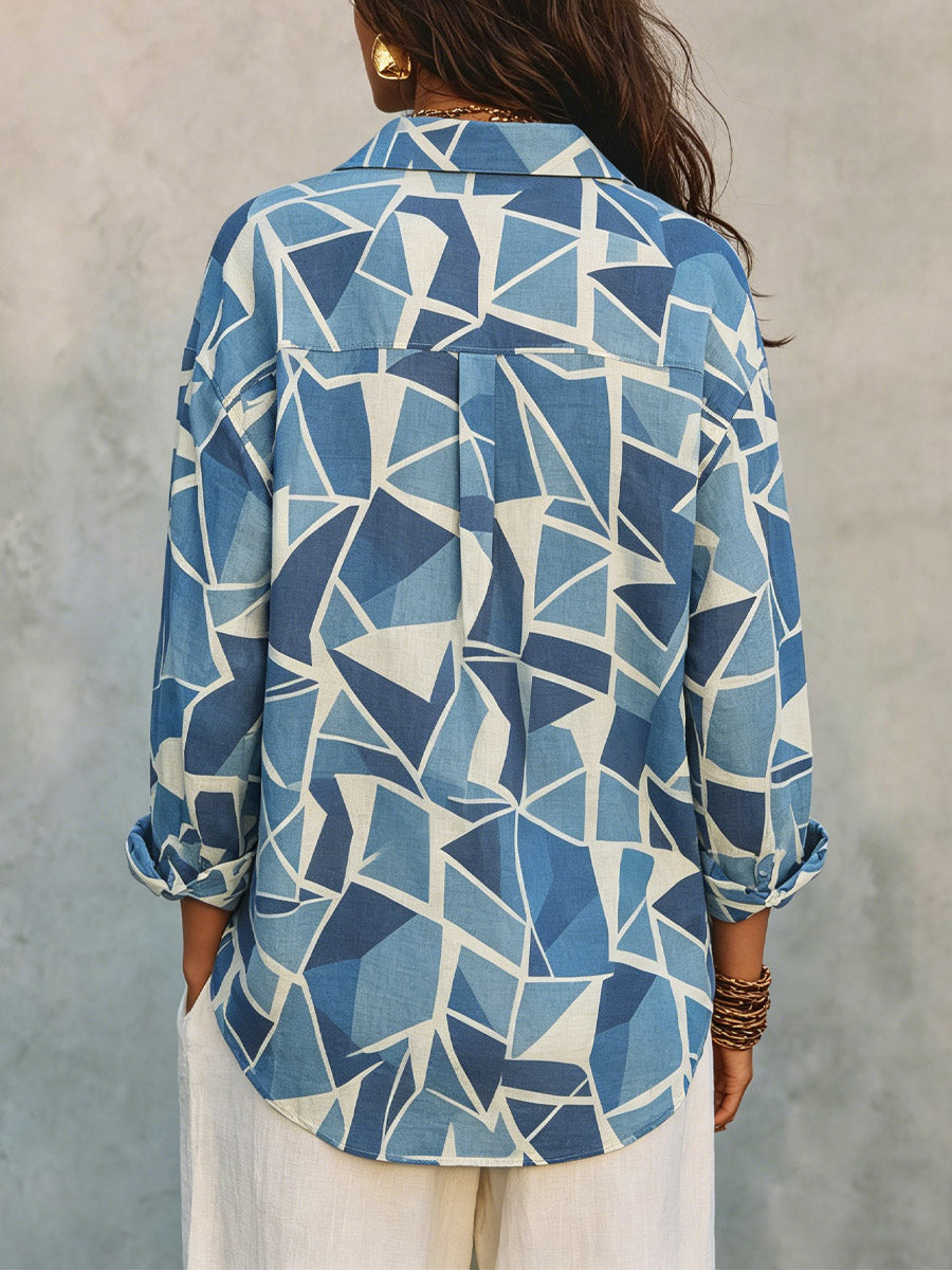 Women's Geometric Pattern Art Casual Stylish Long Sleeve Cotton Linen Shirt