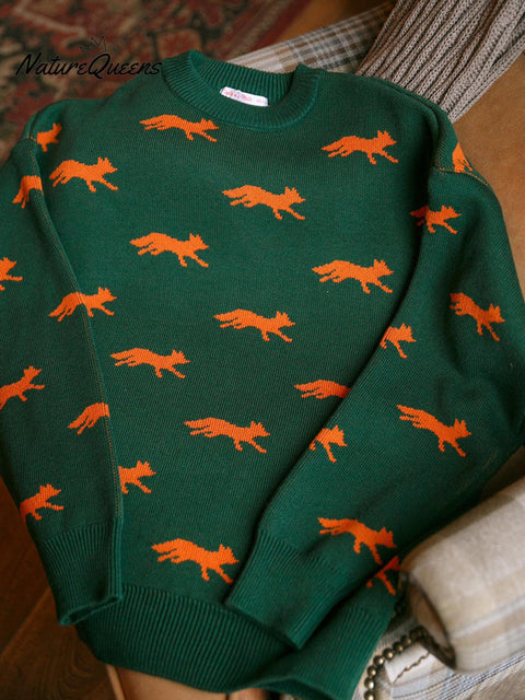 Women's Casual Fox Print Crew Neck Sweater Top