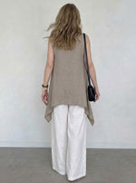 Women's Minimalist Sleeveless Irregular Cut Top With Wide-leg Pants Cotton-linen Set