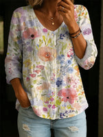 Women's Floral Pattern Art Print Casual Cotton Shirt