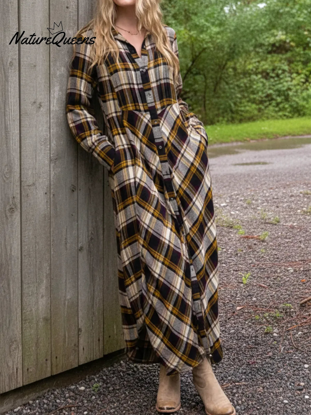 Comfortable Plaid Pleated Patchwork Shirt Dress