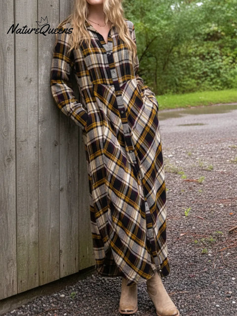 Comfortable Plaid Pleated Patchwork Shirt Dress