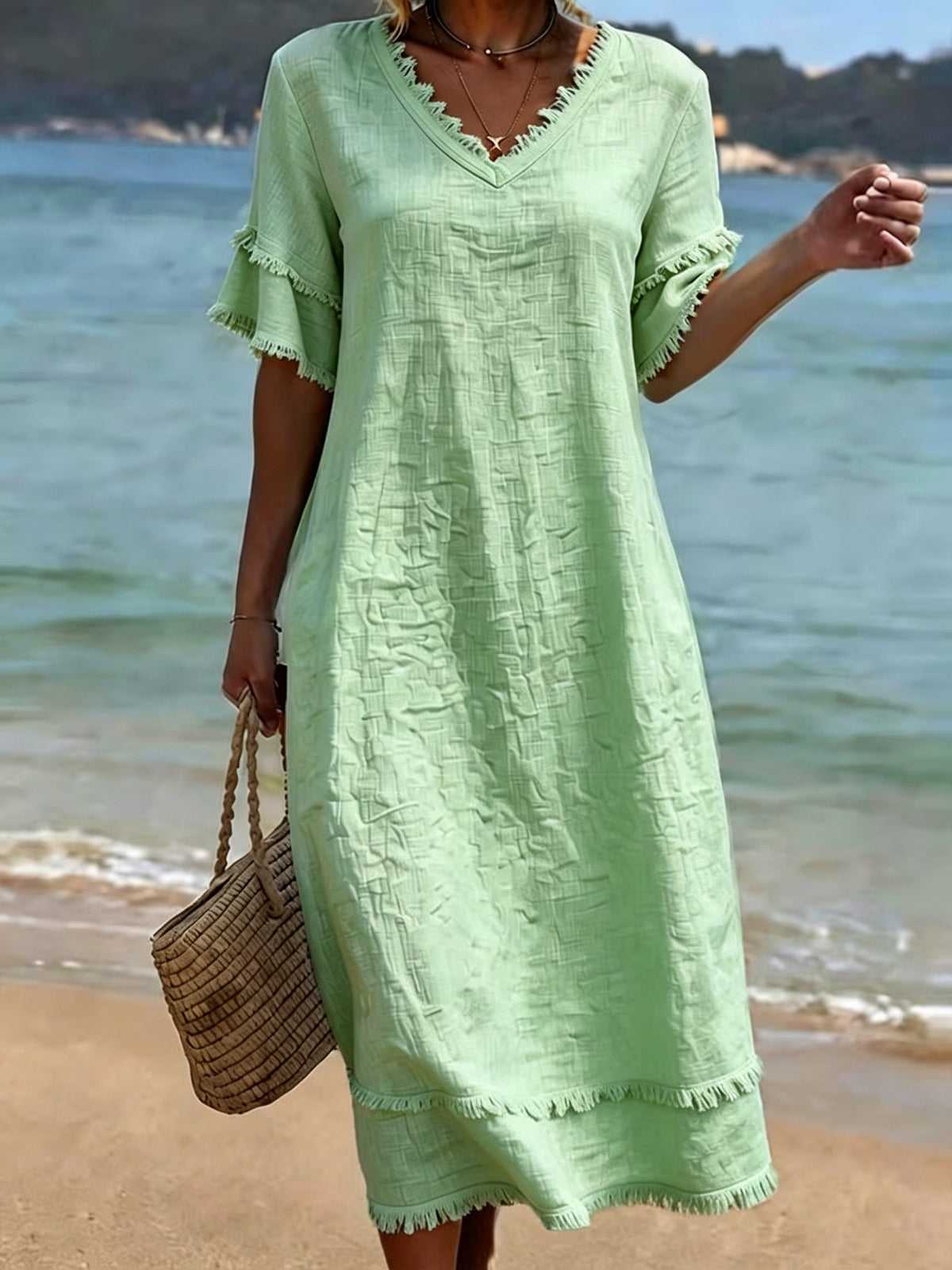 Jacquard Raw-edge V-neck Linen Resort Dress
