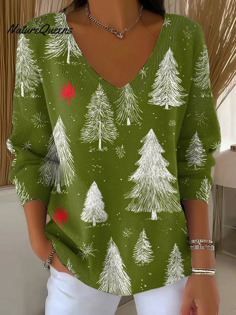 Women's Christmas Tree Pattern Art Print Casual V-Neck Sweater