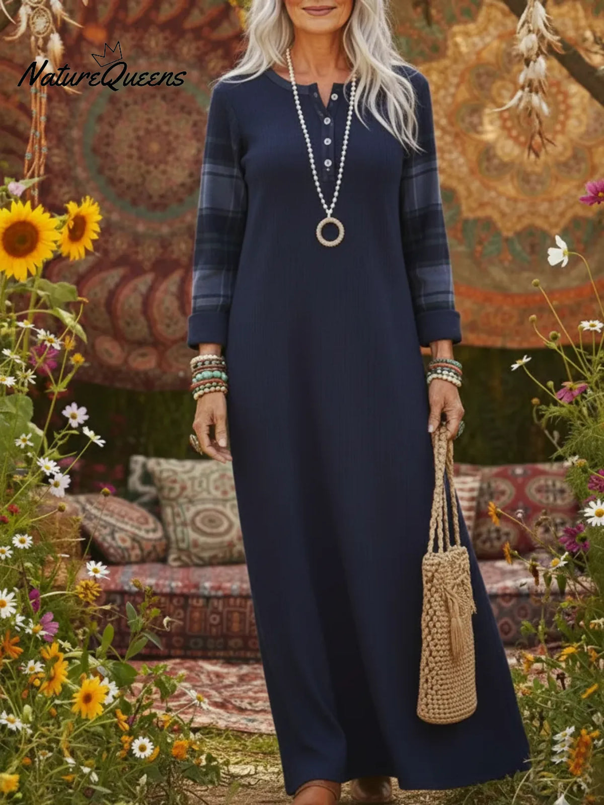 Cozy Henley Collar Sleeves Patchwork Plaid Knit Dress