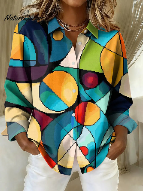 Women's Geometric Pattern Art Print Casual Cotton Shirt