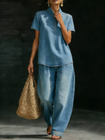 Casual Cozy Polo Collar Shirt And Jeans Denim Set