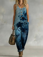 Women's Watercolor Art Flowers Print Casual Denim Jumpsuit