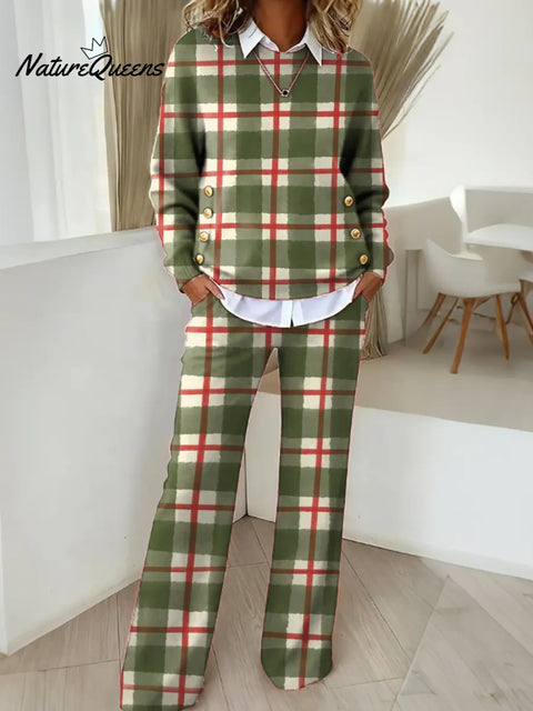 Women's Plaid Pattern Art Print Casual Cotton Knitted Suits