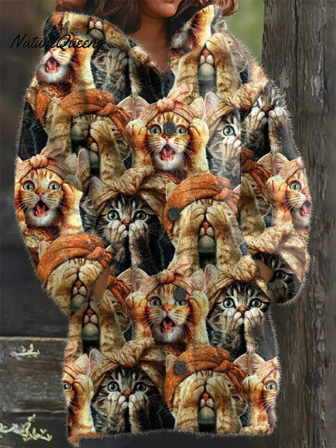 Women's Funny Cats Pattern Art Print Casual Fleece Coat