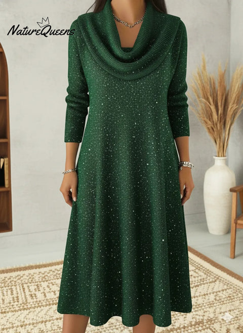 Elegant Christmas Cowl Neck Shiny A-line Midi Dress