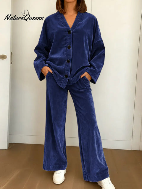 Women's Solid Color V-neck Casual Loose Cardigan High Waist Wide-leg Pants Set