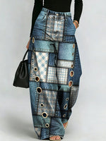 Color-block Patchwork Plaid & Denim Print Wide-leg Jeans With Metal Rings And Curved Seams