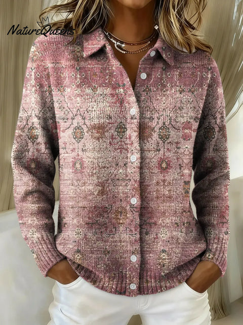 Women's Pink Retro Ethnic Style Patterns Printed Collared Sweater