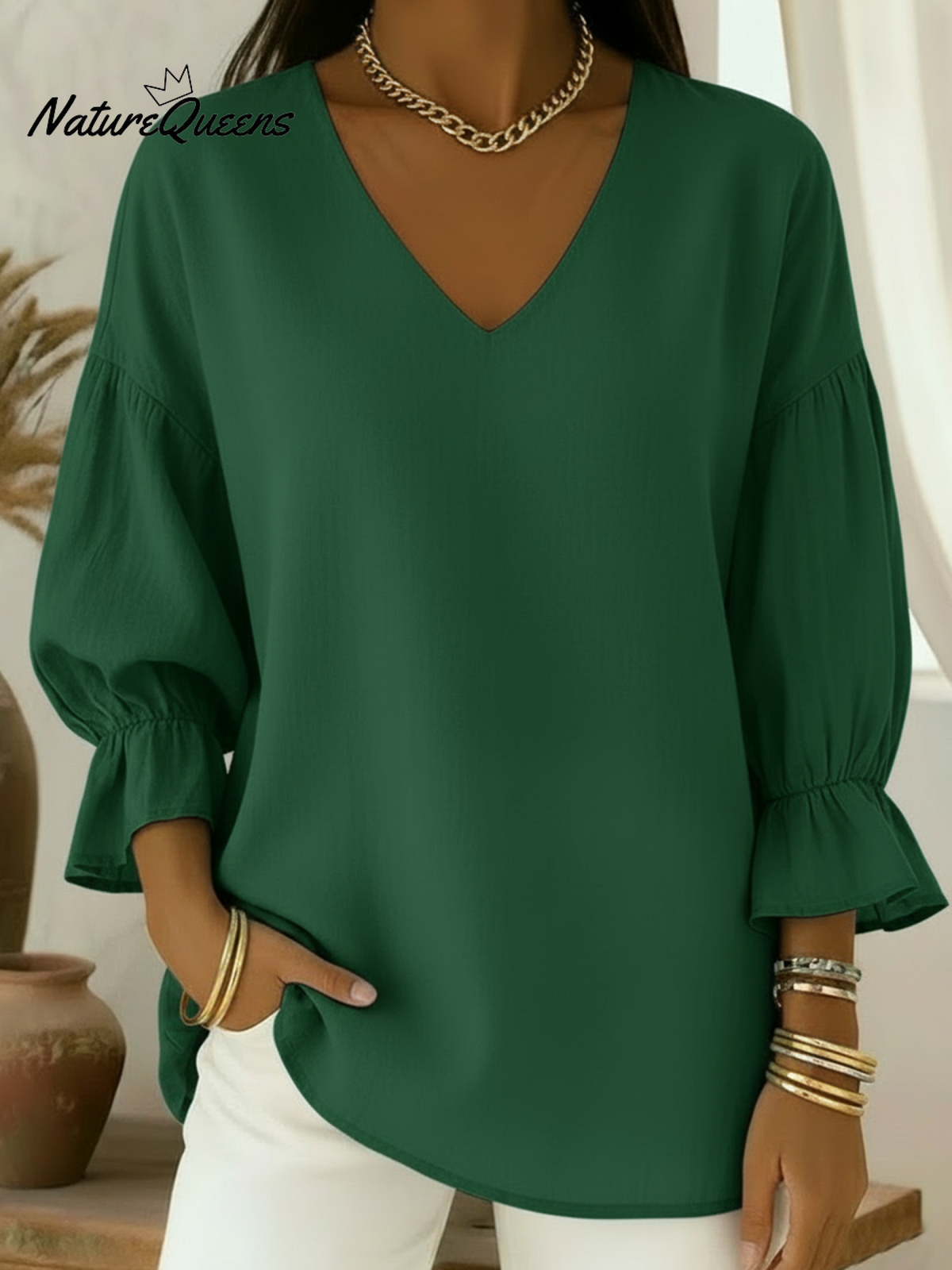 Elegant V-neck Lantern Sleeve Linen Shirt Top