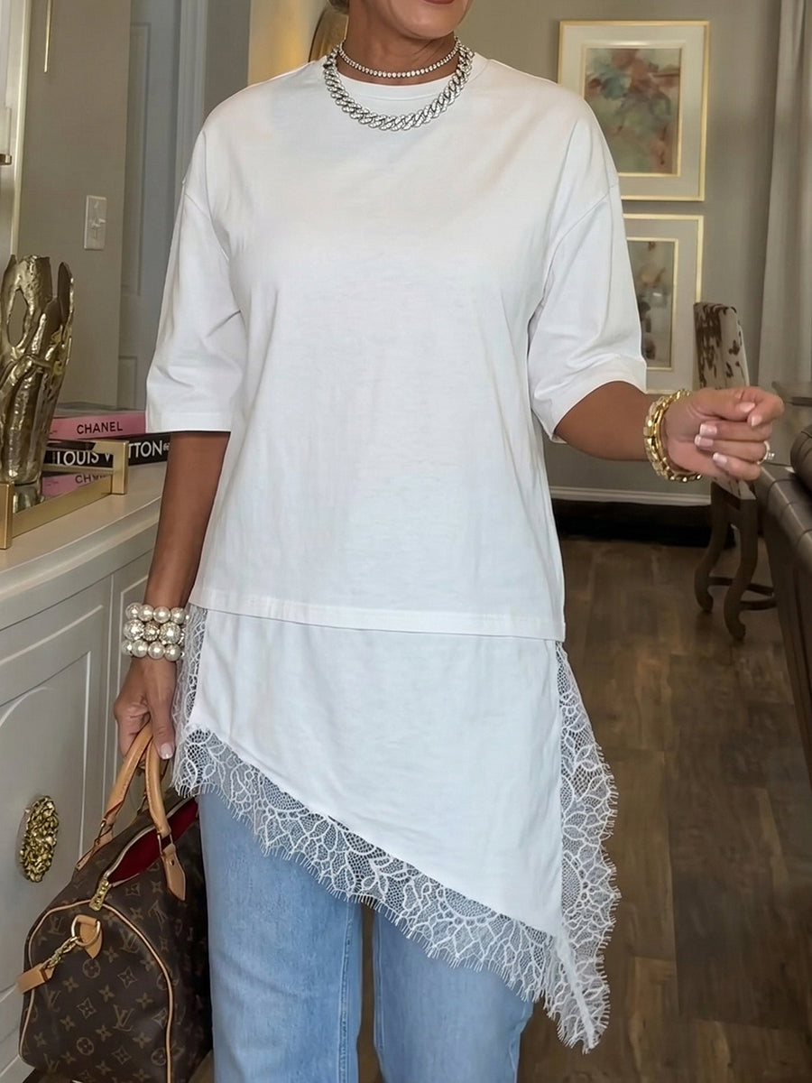 Stylish & Cozy Asymmetrical Lace Hem T-shirt