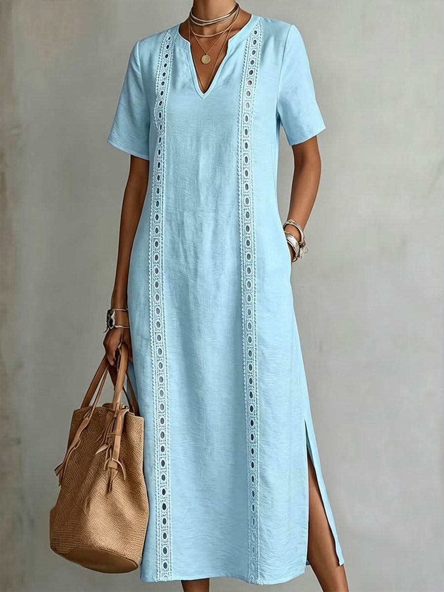 Women's Solid Color V-neck Short-sleeve Casual Loose Cotton-linen Dress
