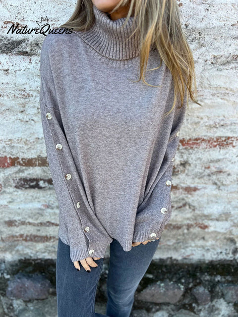 Women's Solid Color Casual Turtleneck Button Sweater