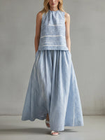 Stylish Sleeveless Linen And Cotton Striped Top And Skirt Two-piece Set