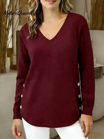 Women's Solid Color V-neck Long-sleeved Loose Casual Top
