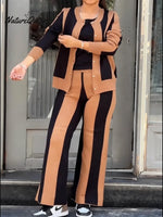 Women's Comfortable Knit Striped Cardigan And Pants Two-piece Set
