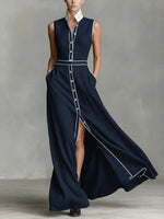 Women's Collared Sleeveless Casual Loose Long Cotton Linen Dress