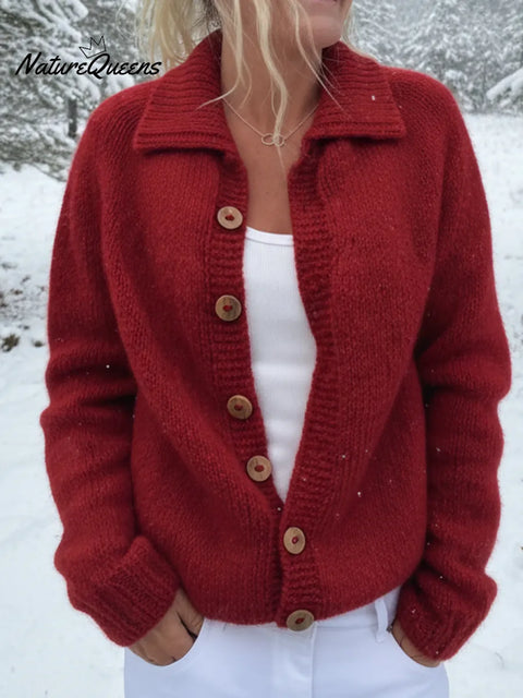Cozy Wooden Button Polo Collar Knit Cardigan