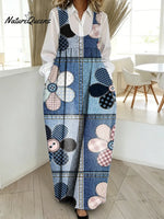 Women's Vintage Flower Pattern Art Print Casual Cotton Denim Dress