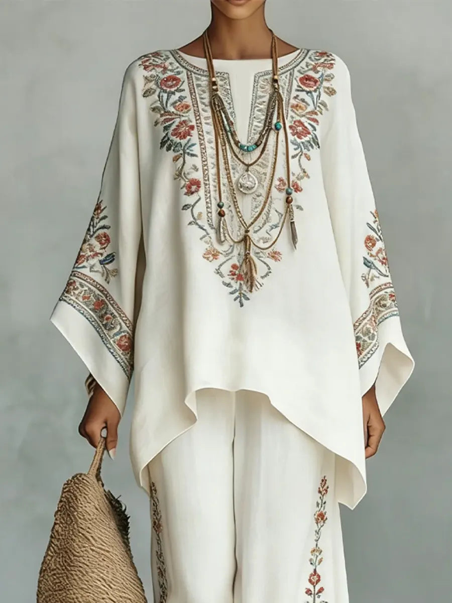 Women's Vintage Ethnic Floral Pattern Art Print Casual Cotton Linen Suits