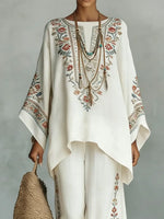 Women's Vintage Ethnic Floral Pattern Art Print Casual Cotton Linen Suits