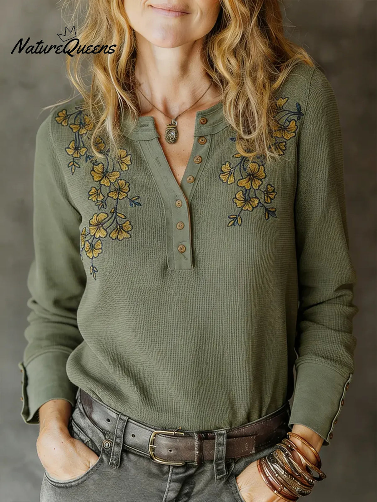 Women's Floral Print Waffle-knit Cotton Henley Top