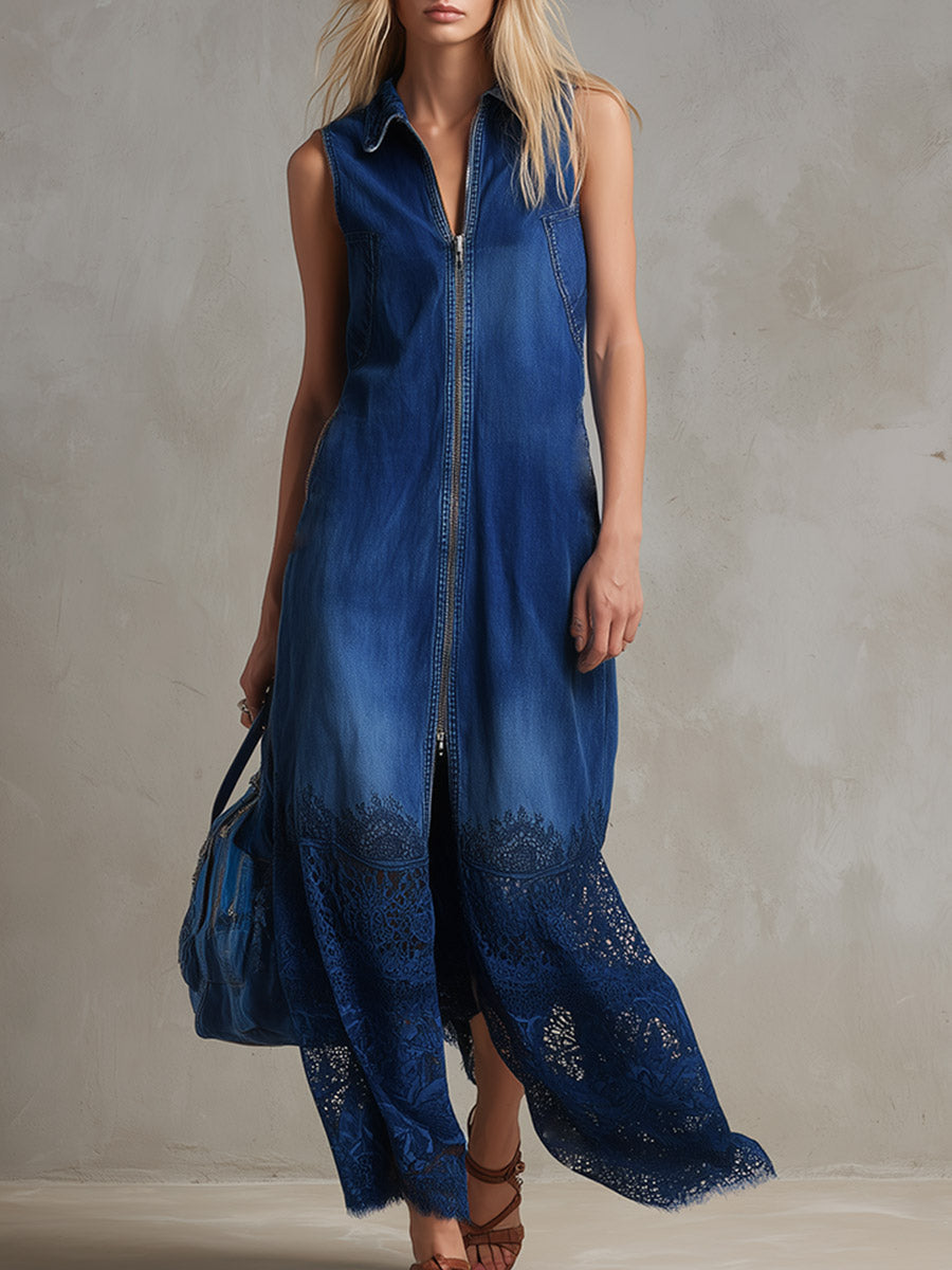 Sleeveless Denim Maxi Dress With Lace Hem