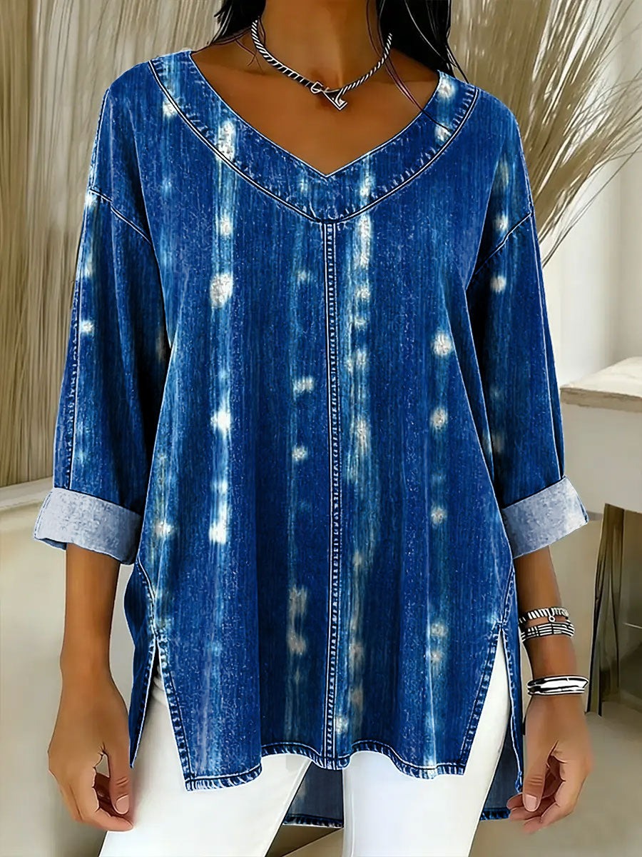 Women's Geometry Color Splicing Gradient Art Casual Washed Denim Cotton Top