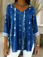 Women's Geometry Color Splicing Gradient Art Casual Washed Denim Cotton Top