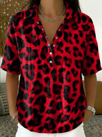 Women's Animal Print Cotton Shirt — Loose-fit, Casual, Short-sleeve Top With Turn-down Collar