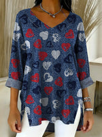 Women's Valentine's Day Heart-shaped Art Print Casual Washed Denim Cotton Top