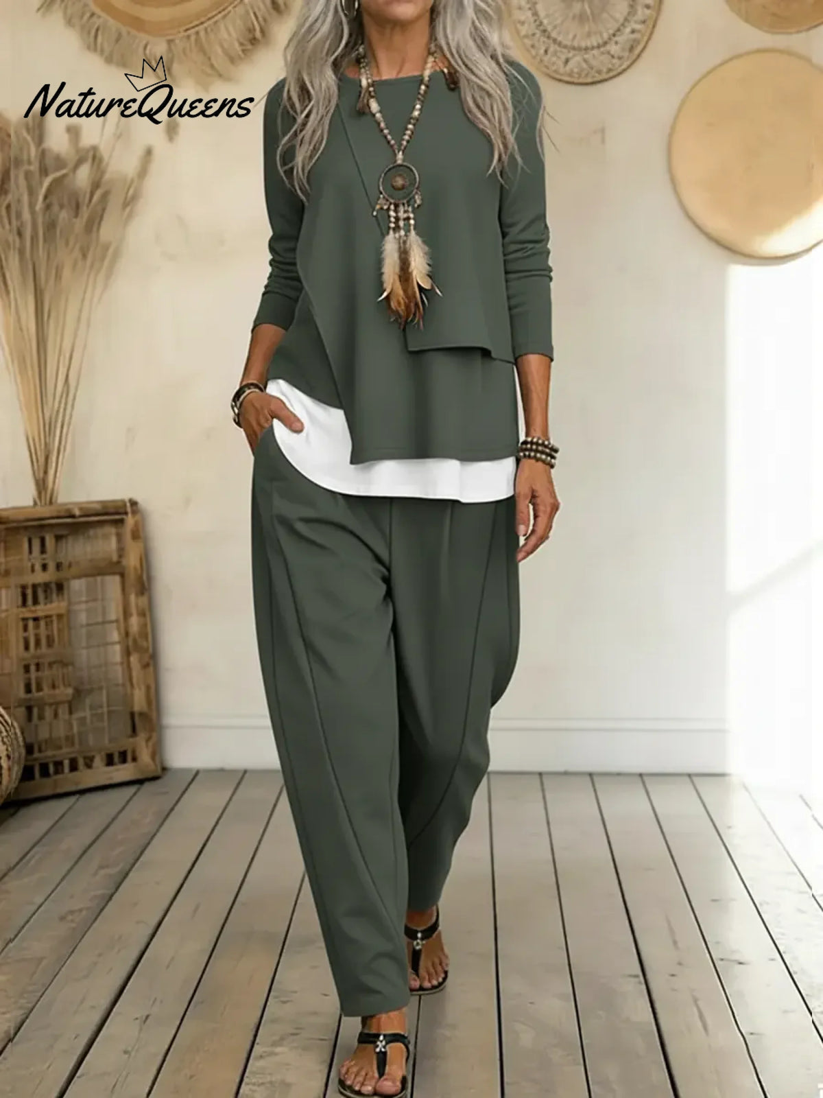 Women's Casual Asymmetrical Hem Cotton Top And Pants Two-piece Set