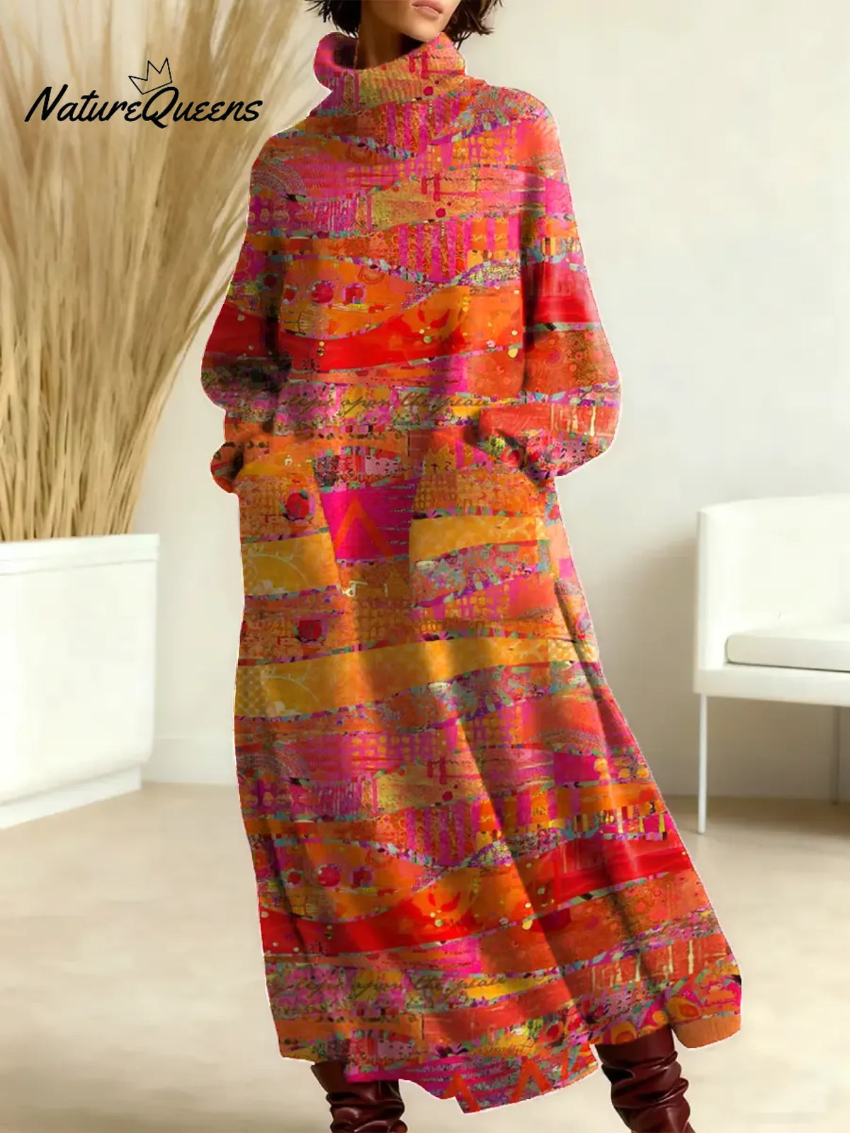 Women's Vintage Abstract Geometric Pattern Art Print Casual Cotton Knitted Dress