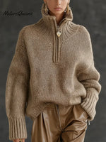 Women's Solid Color High-neck Long-sleeve Casual Loose Knit Top