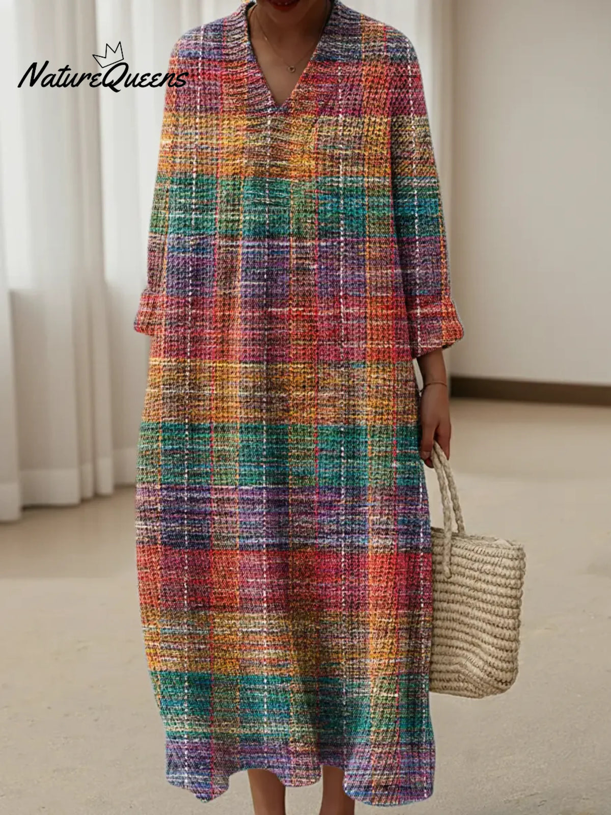 Colorful Gradient Plaid Print Knitted V-neck Dress
