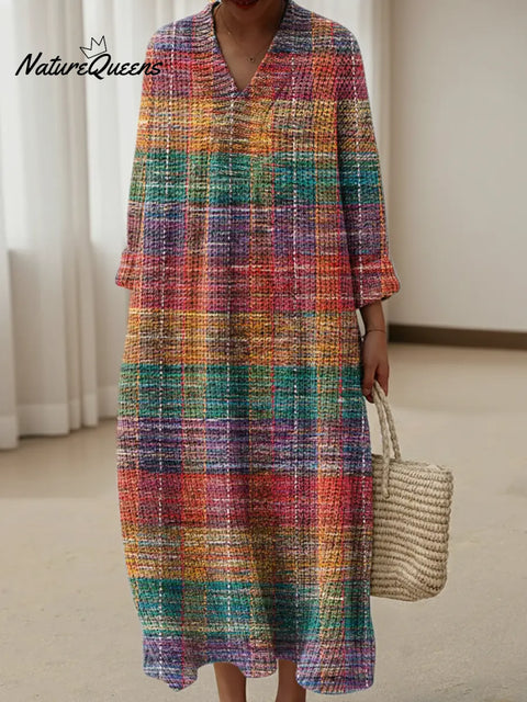 Colorful Gradient Plaid Print Knitted V-neck Dress
