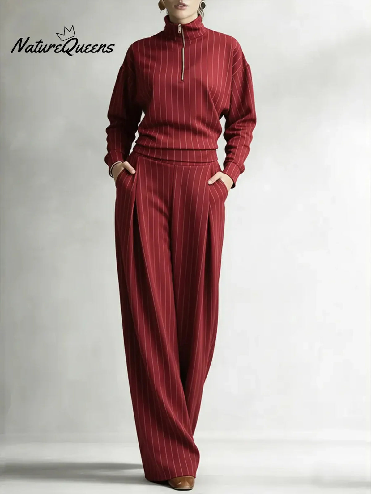 Women's Striped Stretch Cotton Half-zip Top And Wide-leg Pants Two-piece Set