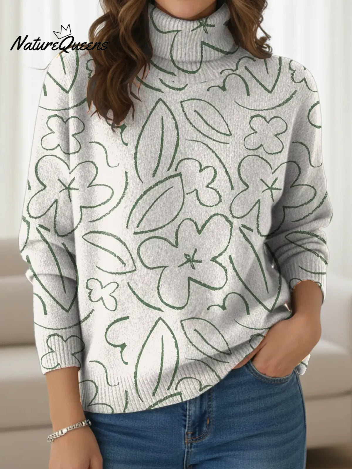 Women's Minimalist Line Floral Print Print Turtleneck Sweater
