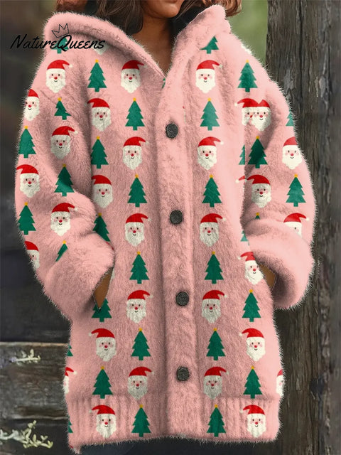 Women's Christmas Tree Santa Pattern Art Print Casual Fleece Coat